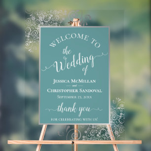 Elegant Teal & Silver Calligraphy Wedding Welcome Acrylic Sign