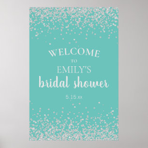 Elegant Teal Silver Confetti Bridal Shower Poster