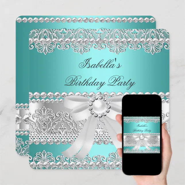 Elegant Teal Silver Diamond Pearl Birthday Party Invitation Zazzle