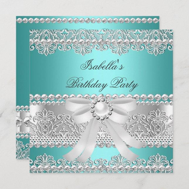 Elegant Teal Silver Diamond Pearl Birthday Party Invitation (Front/Back)
