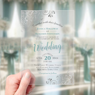 Elegant Teal & Silver Fancy Calligraphy Wedding Acrylic Invitations
