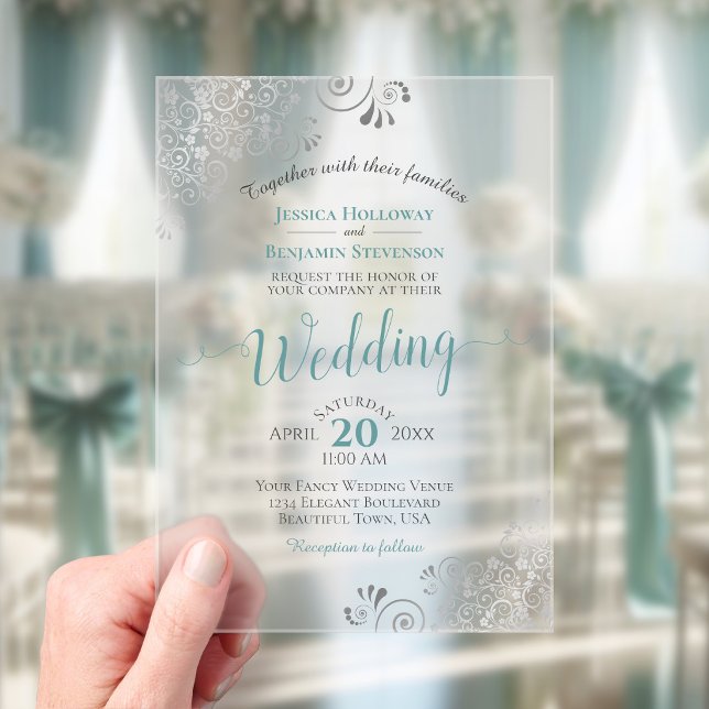 Elegant Teal & Silver Fancy Calligraphy Wedding Acrylic Invitations (Frosted Acrylic with Rectangle Cut)