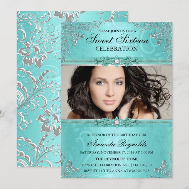 Elegant Teal & Silver Floral Sweet Sixteen Invite (Front/Back)