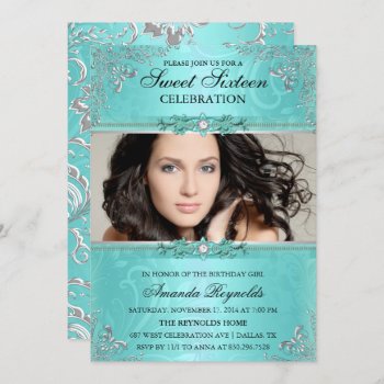 Elegant Teal & Silver Floral Sweet Sixteen Invite by ExclusiveZazzle at Zazzle