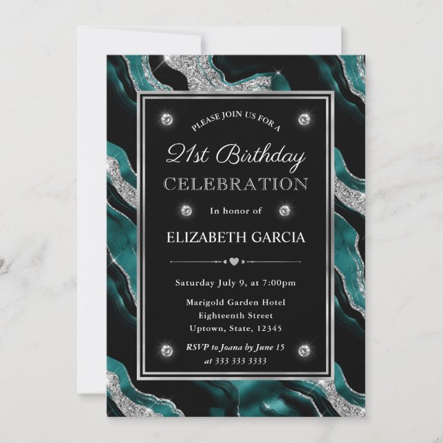 Elegant Teal & Silver Glitter Agate 21st Birthday Invitation (Front)