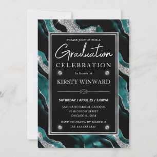 Elegant Teal & Silver Glitter Agate Graduation Invitation