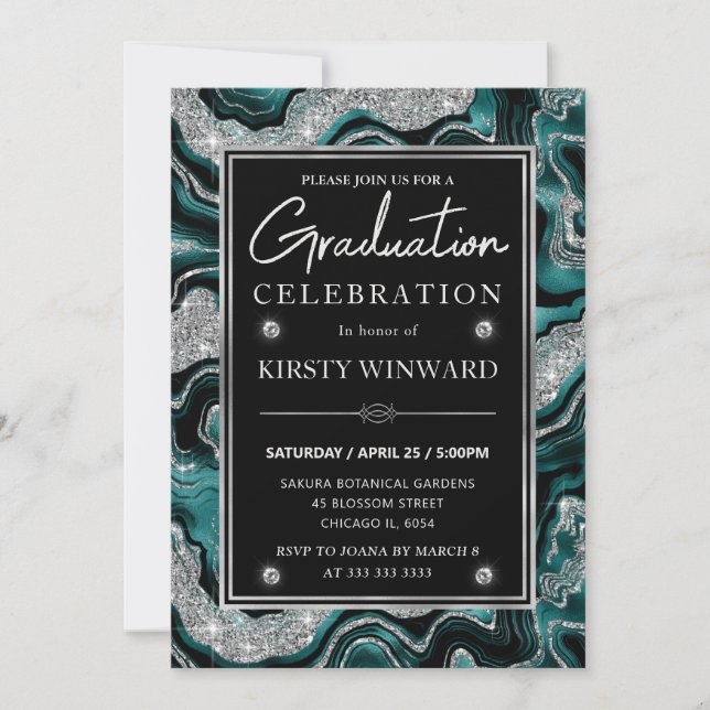 Elegant Teal & Silver Glitter Agate Graduation Invitation (Front)