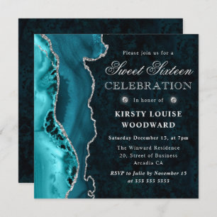 Elegant Teal & Silver Glitter Agate Sweet Sixteen Invitation