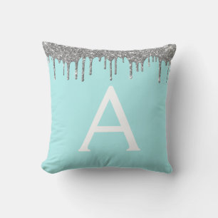 Elegant Teal Silver Glitter Monogram Name Throw Pillow