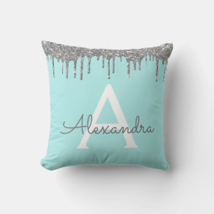 Elegant Teal Silver Glitter Monogram Name Throw Pillow