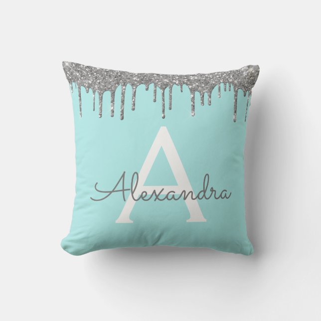 Elegant Teal Silver Glitter Monogram Name Throw Pillow (Front)