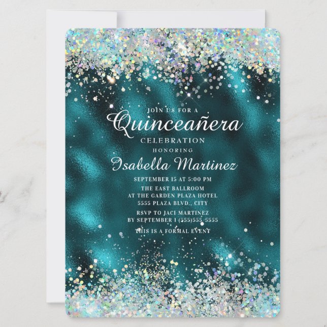 Elegant Teal Silver Glitter Quinceañera Invitation (Front)