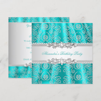 Elegant Teal Silver Lace Diamond Overlay Party Invitation