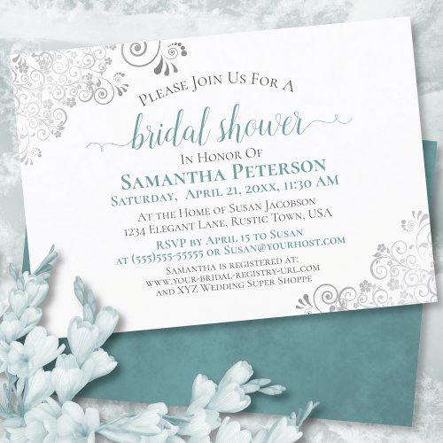 Elegant Teal  Silver Lace White Bridal Shower Invitation