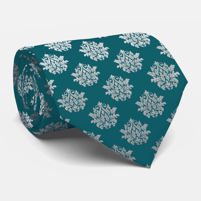 elegant teal silver pattern neck tie (Rolled)