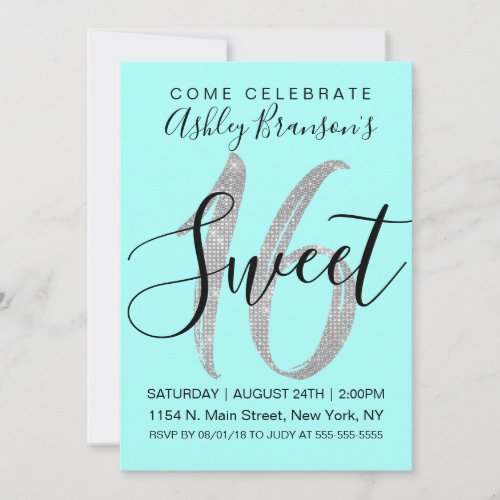 Elegant Teal Silver Sequin Glitter Sweet 16 Invitation