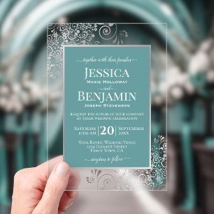 Elegant Teal & Silver Stylish Text Glam Wedding Acrylic Invitations