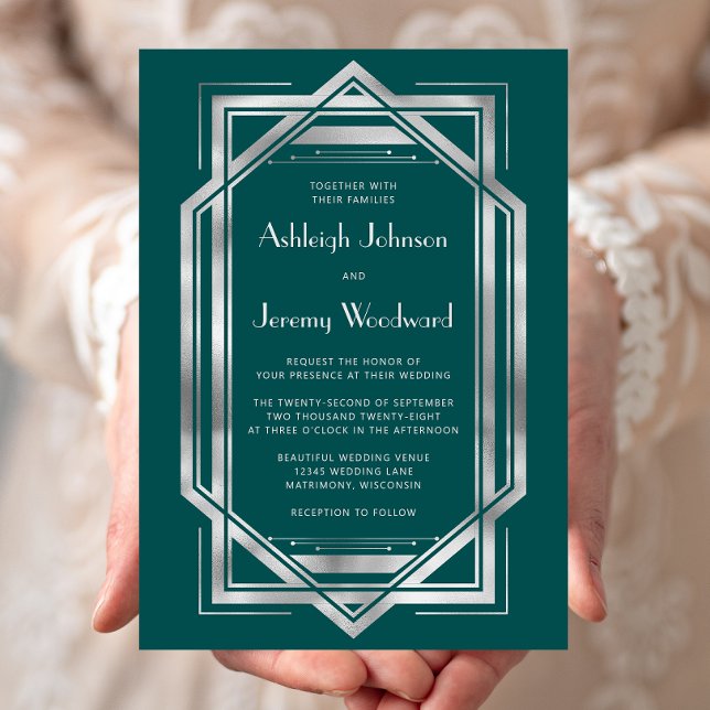 Elegant Teal Silver Vintage Deco Wedding Invitation (Creator Uploaded)