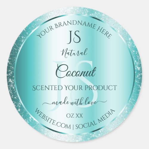 Elegant Teal Soft Glitter Product Labels Monogram