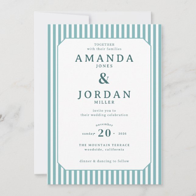 Elegant Teal Striped Wedding Invitation (Front)