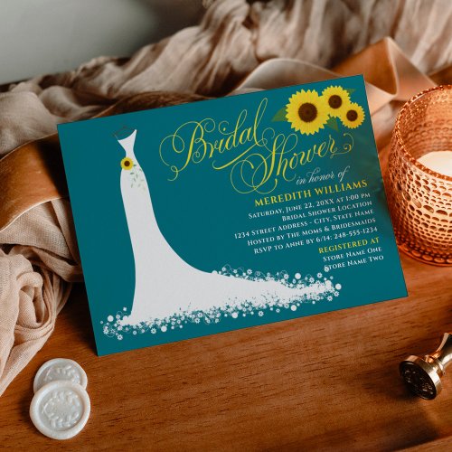 Elegant Teal Sunflower Wedding Gown Bridal Shower Invitation