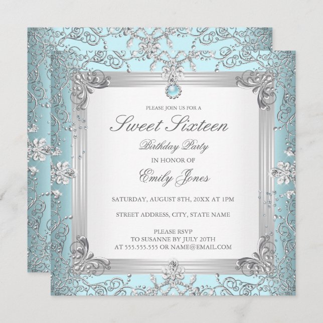 Elegant Teal Sweet 16 Sixteen Pearl Invitation (Front/Back)