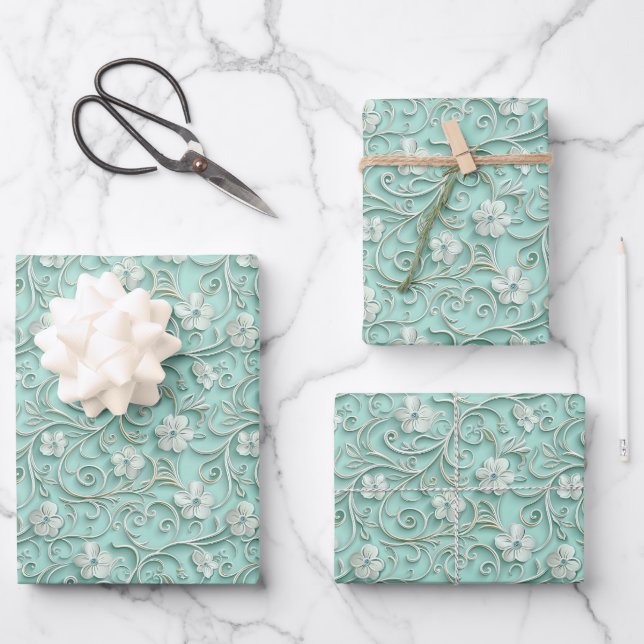 Elegant teal swirl flower pattern  wrapping paper sheets (Front)