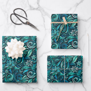 Elegant teal swirl leaf pattern wrapping paper sheets