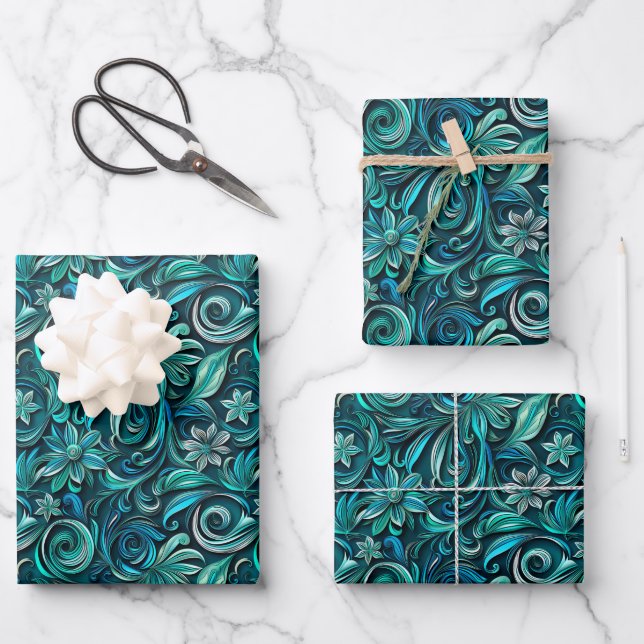 Elegant teal swirl leaf pattern wrapping paper sheets (Front)