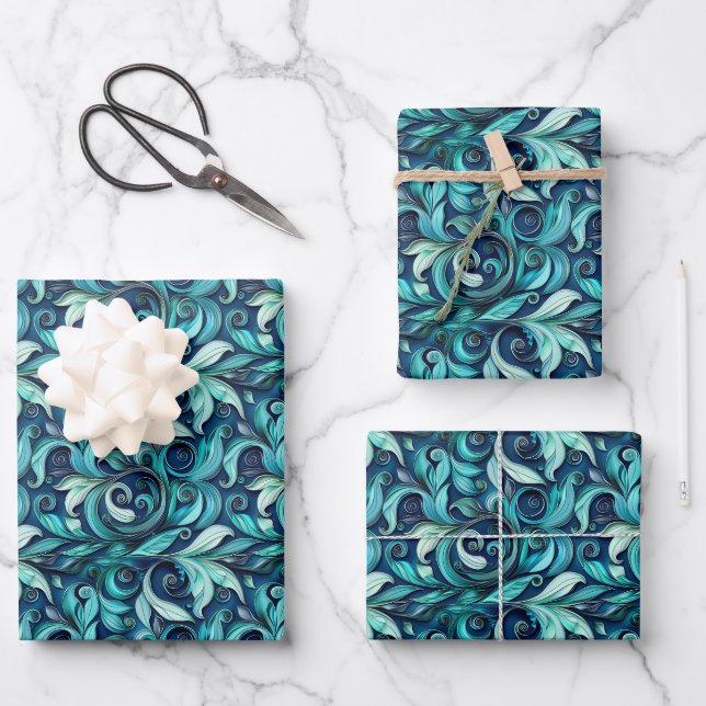 Elegant teal swirl leaf pattern  wrapping paper sheets (Front)