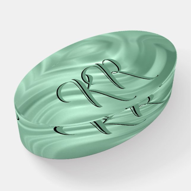 Elegant Teal Swirl Pattern Initial Monogram Paperweight (Angled)