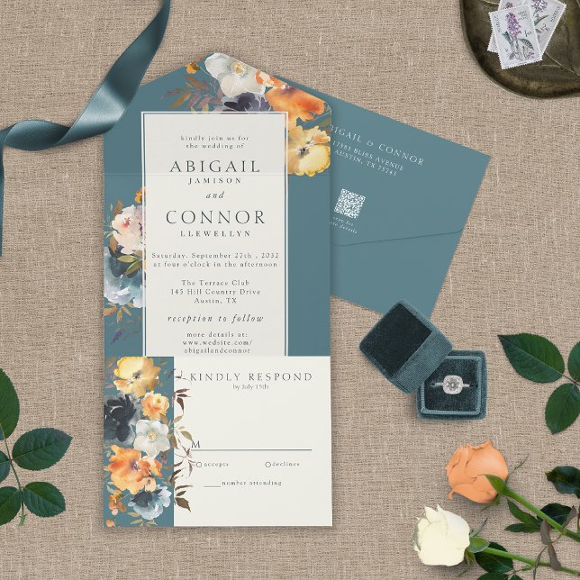 Elegant Teal Terracotta Navy Boho Floral All In On One Invitation (Creator Uploaded)