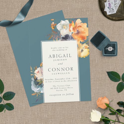 Elegant Teal Terracotta Navy Boho Floral Invitation