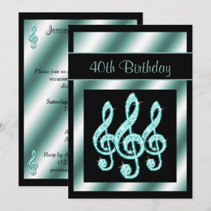 Elegant, Teal Treble Clefs 40th Birthday Invitation