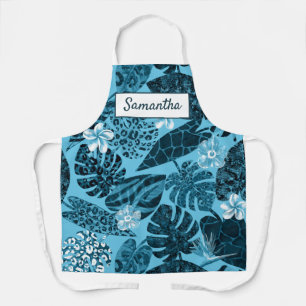 Elegant teal tropical leaves flowers custom name apron