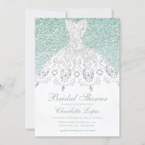 Elegant Teal Turquois Glitter Dress Bridal Shower Invitation