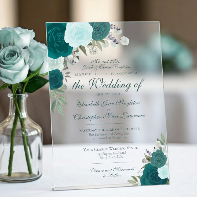 Elegant Teal Turquoise & Aqua Roses Formal Wedding Acrylic Invitations (Frosted Acrylic with Rectangle Cut)