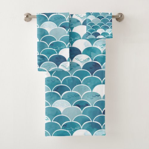 Elegant Teal Turquoise Blue Mermaid Scale Bath Towel Set