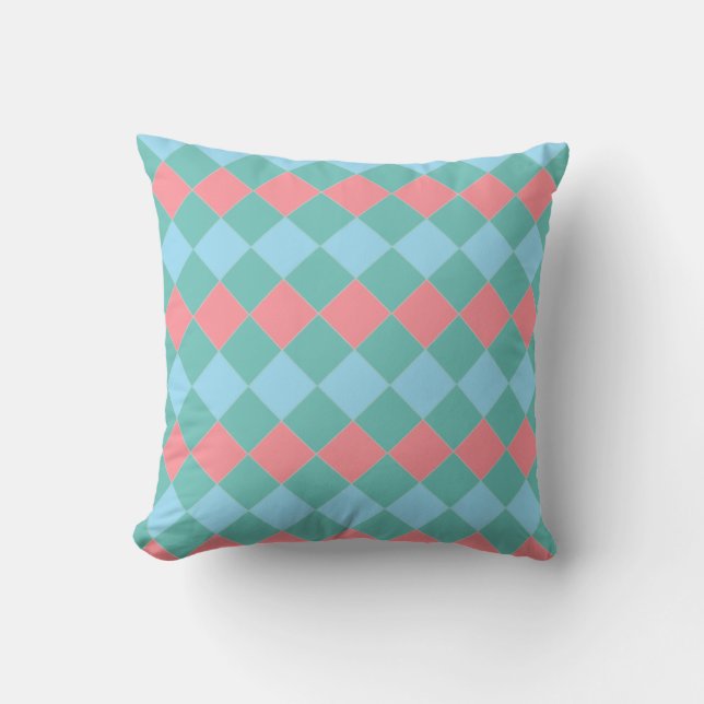 Elegant Teal Turquoise & Coral Pink Diamonds Throw Pillow (Front)