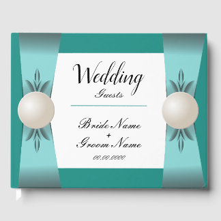 Elegant Teal & Turquoise Pearl Ribbon Wedding Guest Book