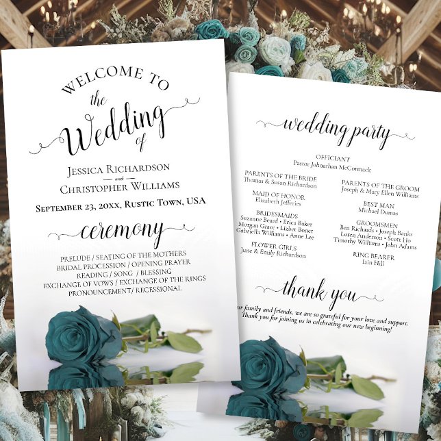 Elegant Teal Turquoise Rose Budget Wedding Program (Front/Back)