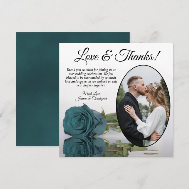 Elegant Teal Turquoise Rose Oval Photo Wedding Thank You Card (Front/Back)