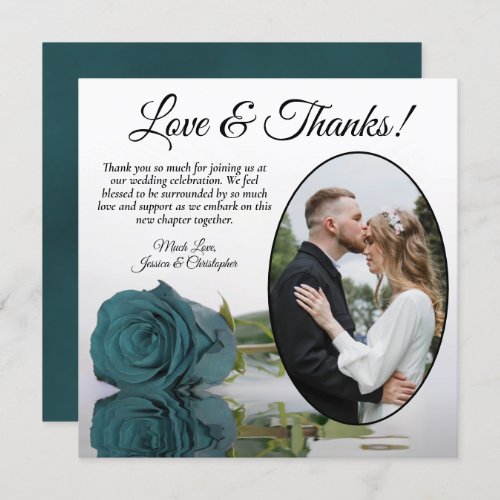 Elegant Teal Turquoise Rose Oval Photo Wedding Thank You Card