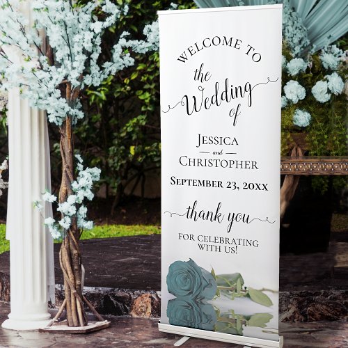 Elegant Teal Turquoise Rose Wedding Welcome Retractable Banner