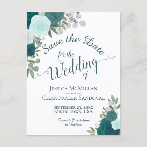 Elegant Teal Turquoise Roses Wedding Save the Date Announcement Postcard