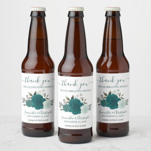 Elegant Teal  Turquoise Roses Wedding Thank You Beer Bottle Label