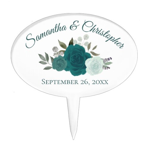 Elegant Teal Turquoise Watercolor Floral Wedding Cake Topper