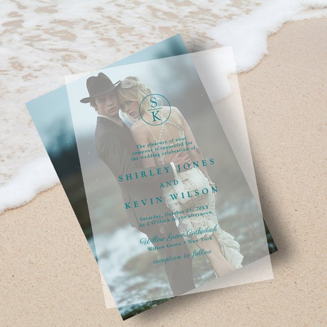 Elegant Teal Turquoise Watercolor Monogram Wedding Vellum Invitations (Creator Uploaded)