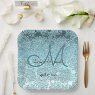 Elegant Teal Turquoise Wedding Reception Monogram Paper Plates