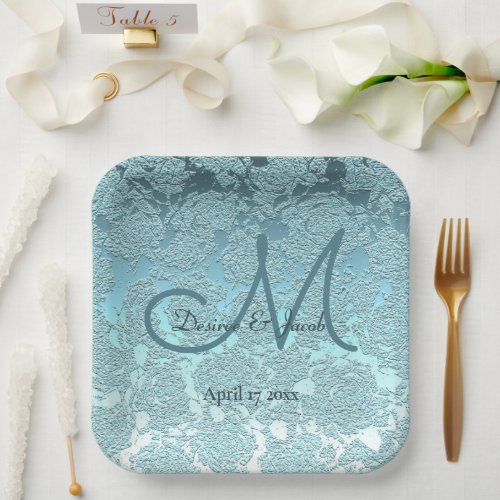 Elegant Teal Turquoise Wedding Reception Monogram Paper Plates